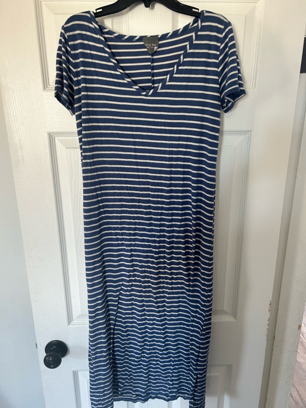 Olivia Rae Blue and White Striped V-Neck Maxi Dress
